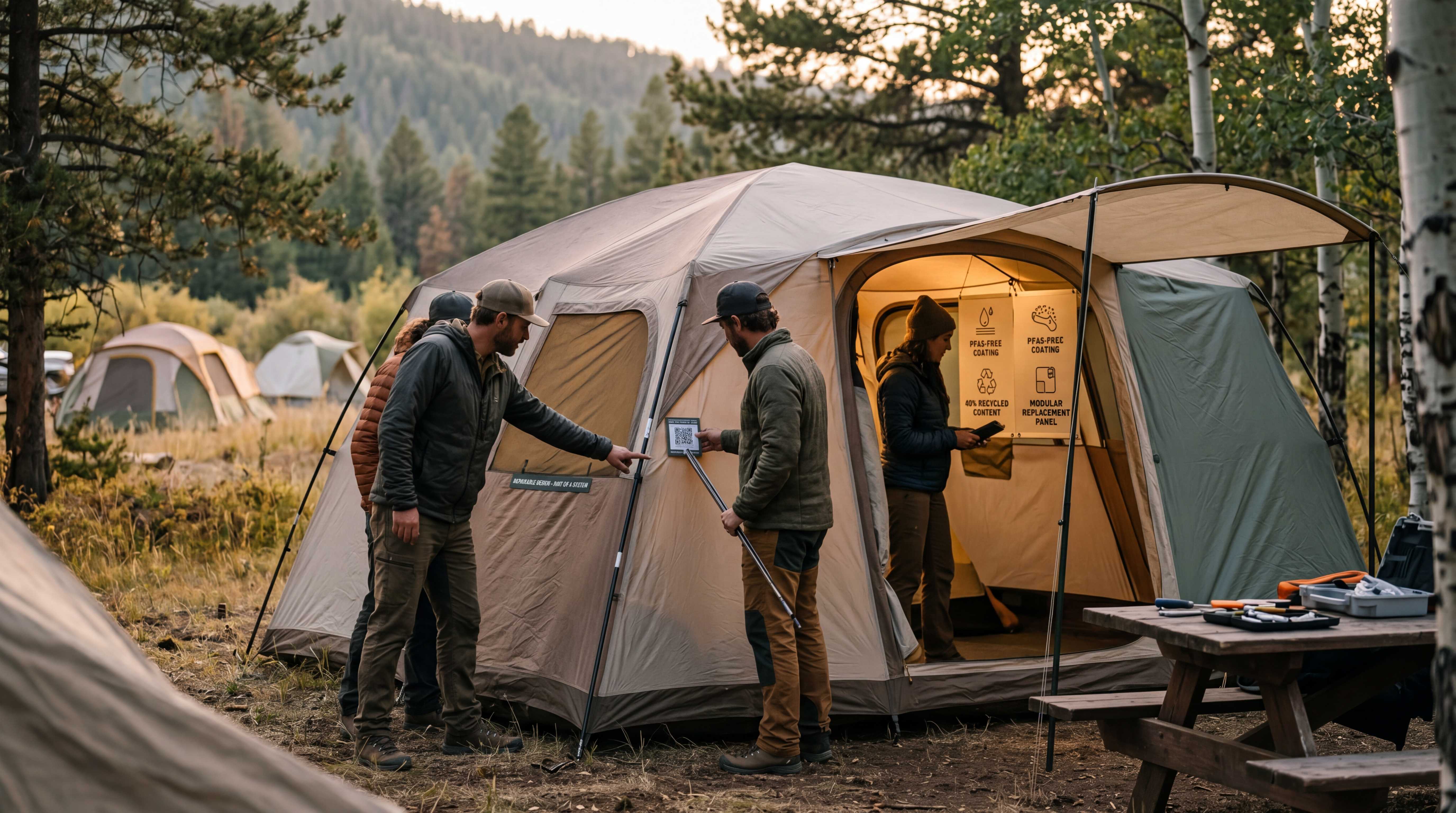 Campers reviewing a next-generation tent with PFAS-free coating, recycled fabric content, and modular replacement panels
